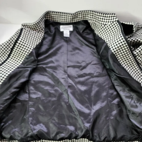 Pendleton Black & White Houndstooth 100% Wool Lamb Leather Trim Zip Up B…